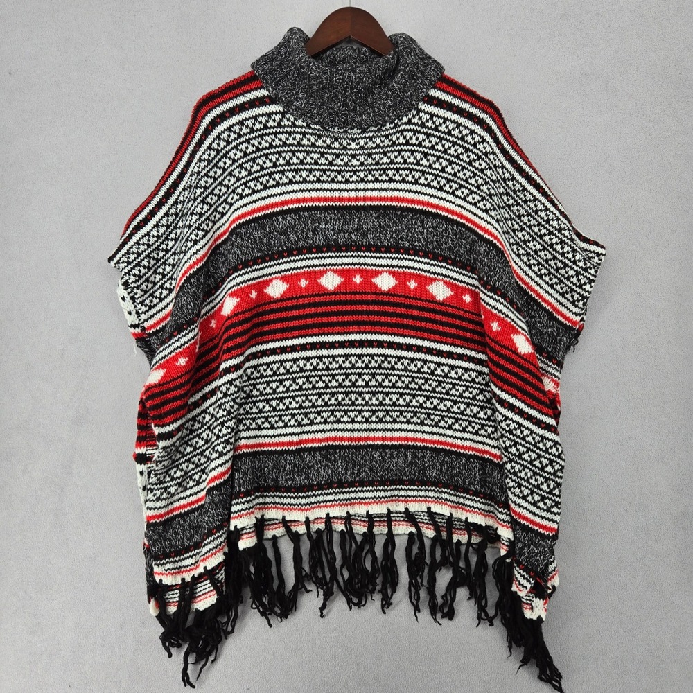 By Design Women S/M Poncho Sweater Boho Fair Isle Fringed Cowl Neck Acrylic